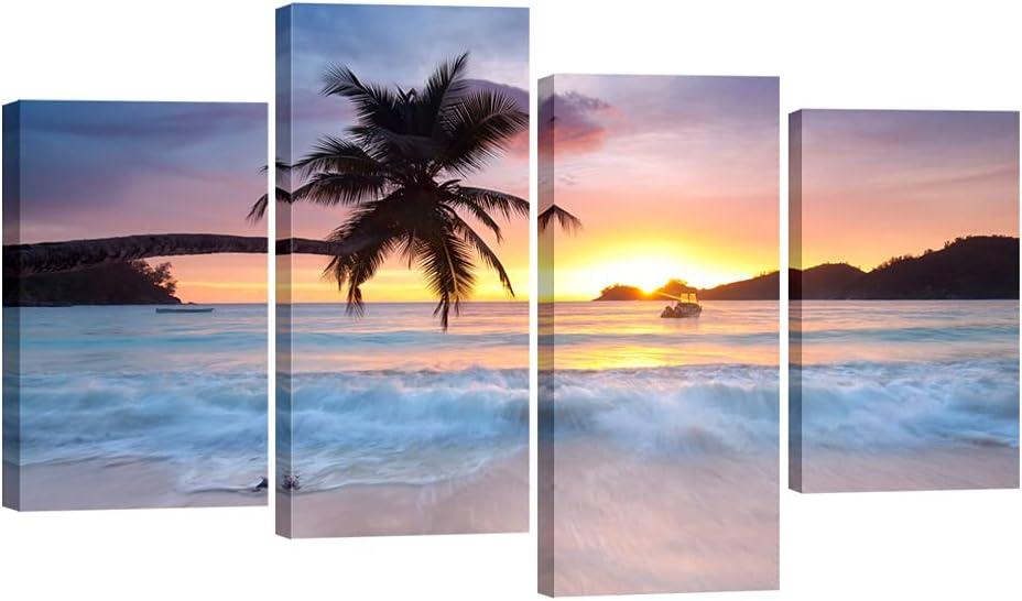 Pyradecor Sunrise Beach Theme Canvas Prints Wall Art Ocean Sea Pictures Paintings for Living Room Bedroom Home Office Decorations Modern 4 Piece Stretched Seascape Artwork