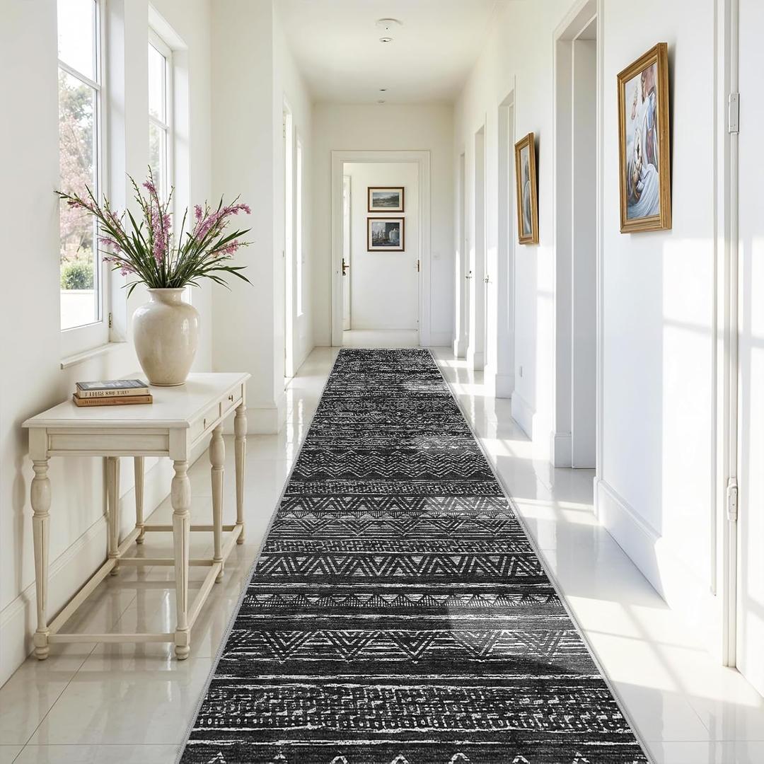 3x20 Runner Rug Washable - Extra Long Non-Slip Modern Runners for Hallway Soft Moroccan Low Pile Indoor Floor Mat for Living Room Kitchen Waterproof Geometric Runner Rugs Entryway 3x20 Black