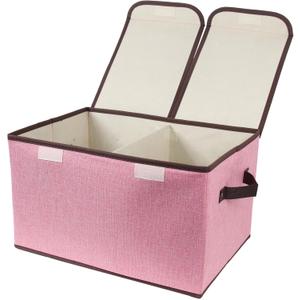 Tcbelosion Foldable Fabric Storage Box, 16.5 x 11.8 x 9.8 inches (L x W x H), with Double-Lid & Dividers, Large Organizer for Home, Closet, Office (Pink)