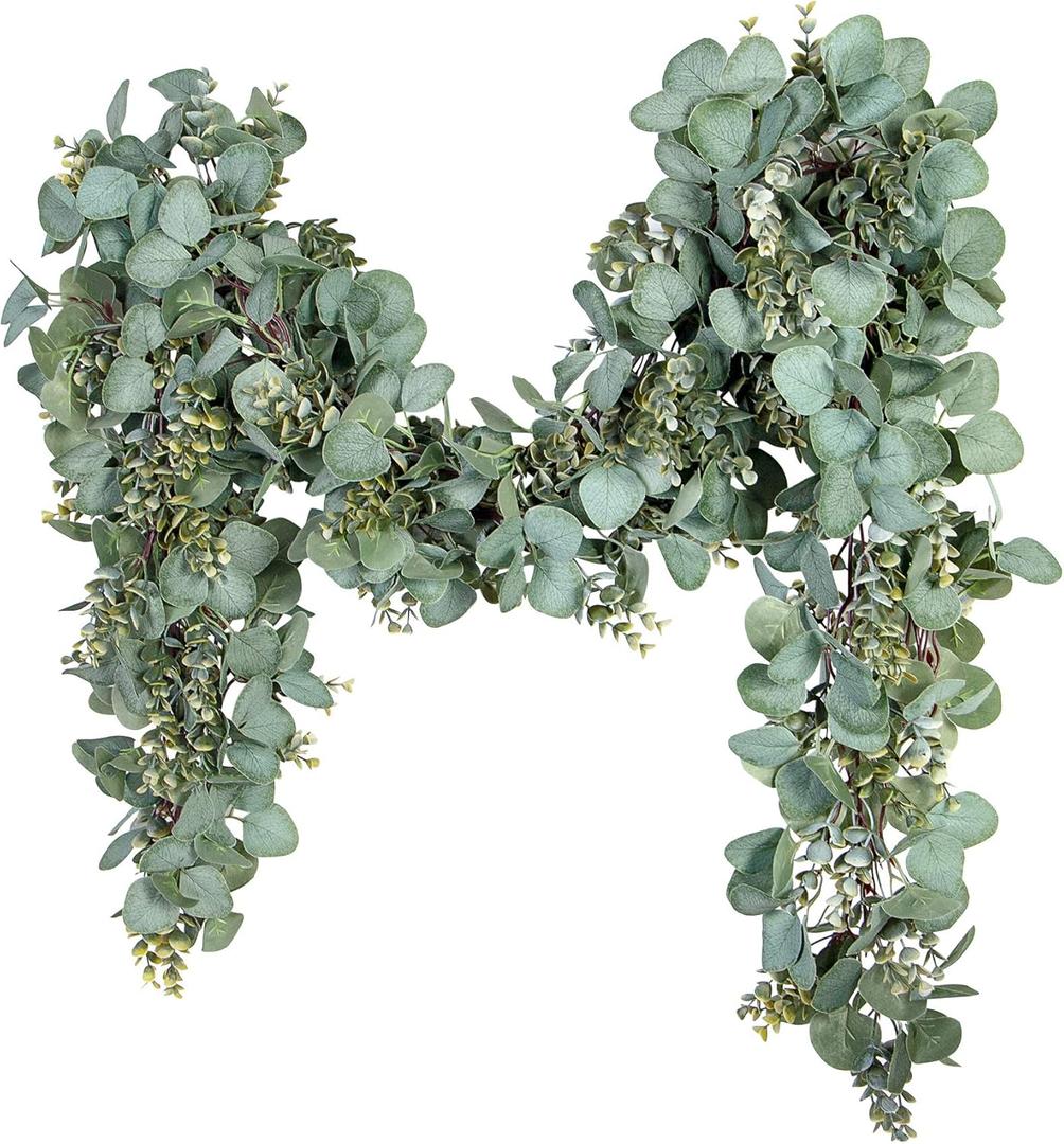 Ouddy Decor Eucalyptus Garland 6.56 Ft Lush Silver Dollar Leaves Boxwood Artificial Faux Greenery Vines for Baby Shower Wedding Party Table Runner Room Home Mantle Decor (1 Pack)