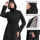 iCreek Women's Rain Jacket Long Raincoat Packable Hooded Waterproof Windproof Plaid Lined Trench Coat Lightweight for Outdoor (Black, XXL)