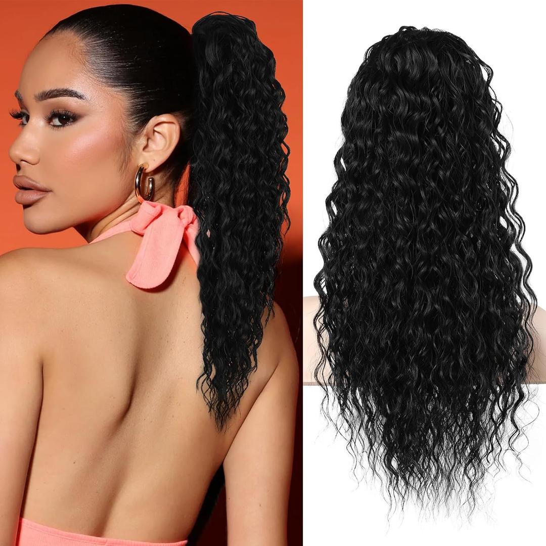 Flufymooz Ponytail Extension, 22 Inch Bohemian Style Drawstring Ponytail Hair Extensions for Women, Long Curly Wavy Pony Tail Natural Synthetic Hairpiece for Women (22 Inch Natural Black)