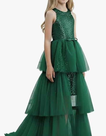 Girls Sequin Dress Halter Formal Pageant Prom Party Graduation Dress with Three Layer Mesh Size 6Y