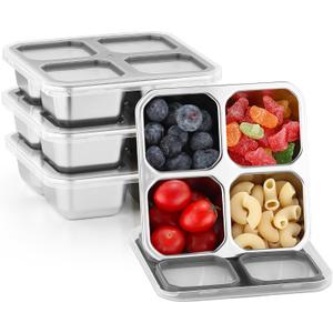 4 Pack Stainless Steel Snack Containers with Lids 4 Compartment Lunch Box for Adults & Kids Meal Prep Bento Box Containers Reusable (Gray)
