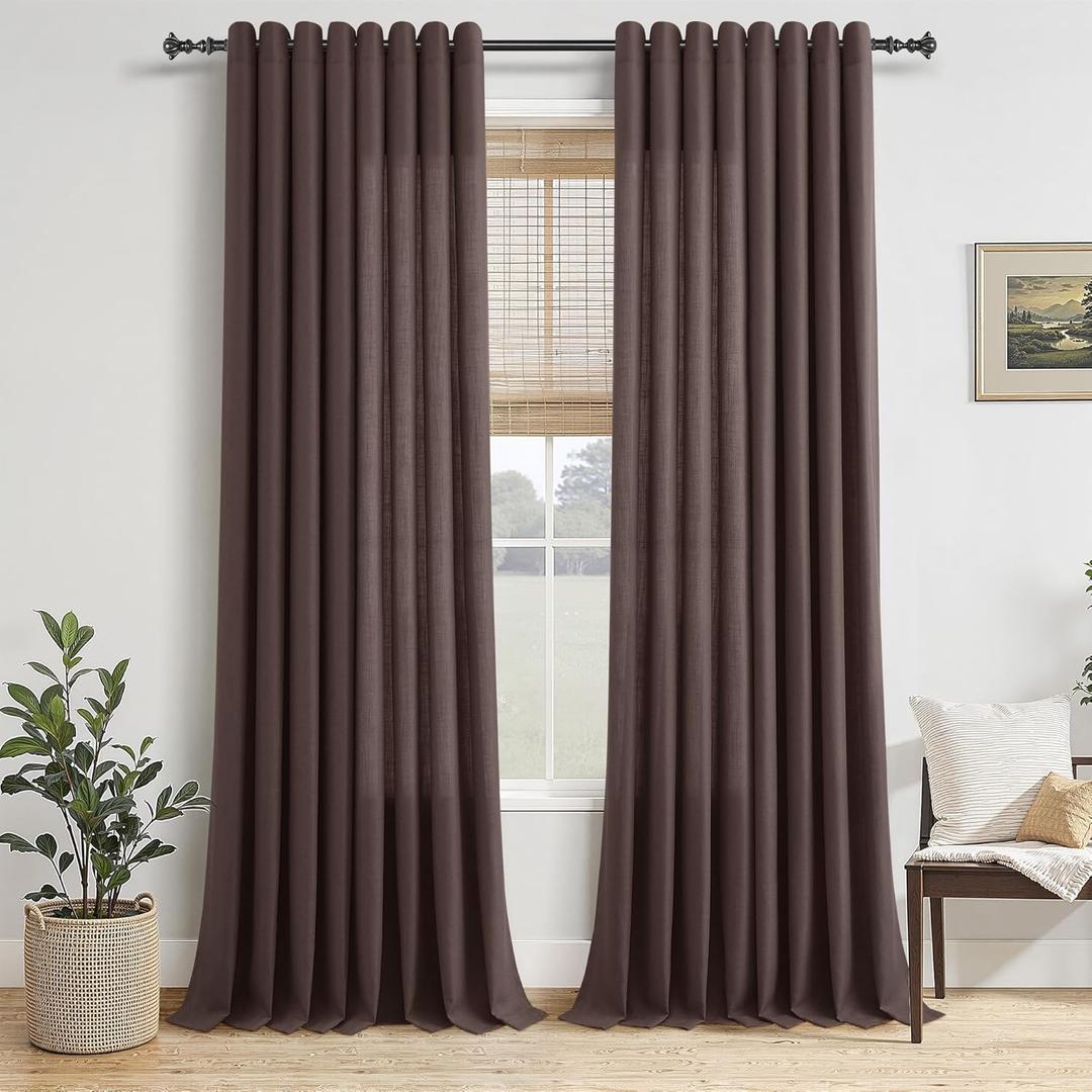 Coffee Linen Curtains 102 Inch Length 2 Panels for Living Room Bedroom, Light Filtering Sheer Curtains 102 Inches, Modern Farmhouse Grommet Semi Sheer Soft Privacy Drapes