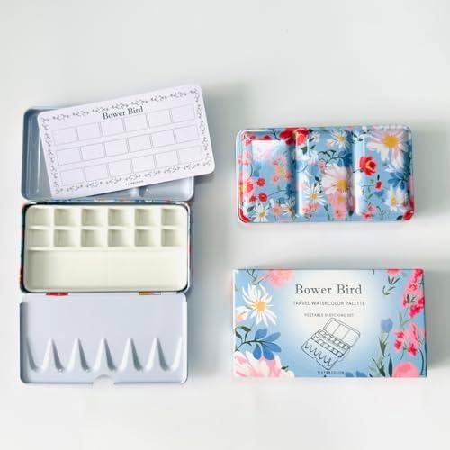 Bower Bird Travel Watercolor Palette, Portable Ceramic Palette 12 Well, Empty Paint Palette, Small Travel Metal Paint Box with Porcelain Palette (12-Well)