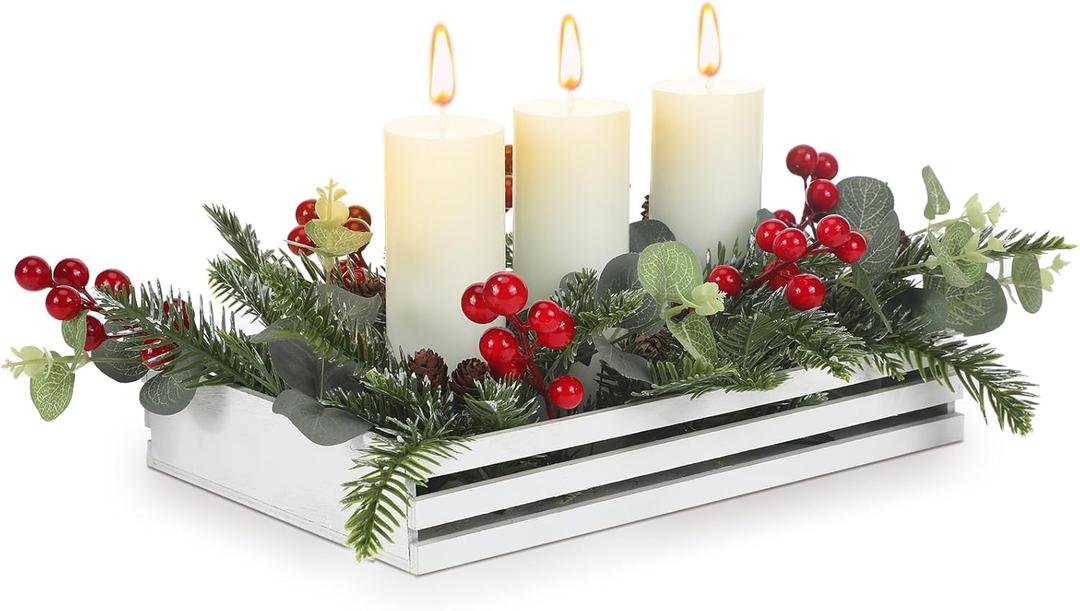 GlikCeil Christmas Centerpiece Candle Holders Christmas Tabletop Centerpiece with 3 Candle Holders Wooden Basket Pine Needles Red Berries Pine Cones for Xmas Tabletop Home Decor