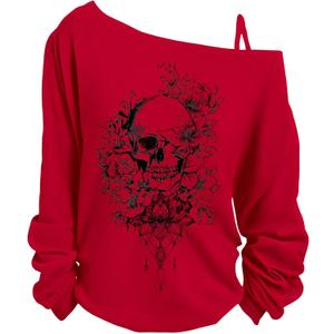 COZYEASE Women's Plus Size Skull Graphic Tee Cut Out Asymmetrical Neck Long Sleeve T Shirt Loose Y2K Tops (X-Large Plus, Red)