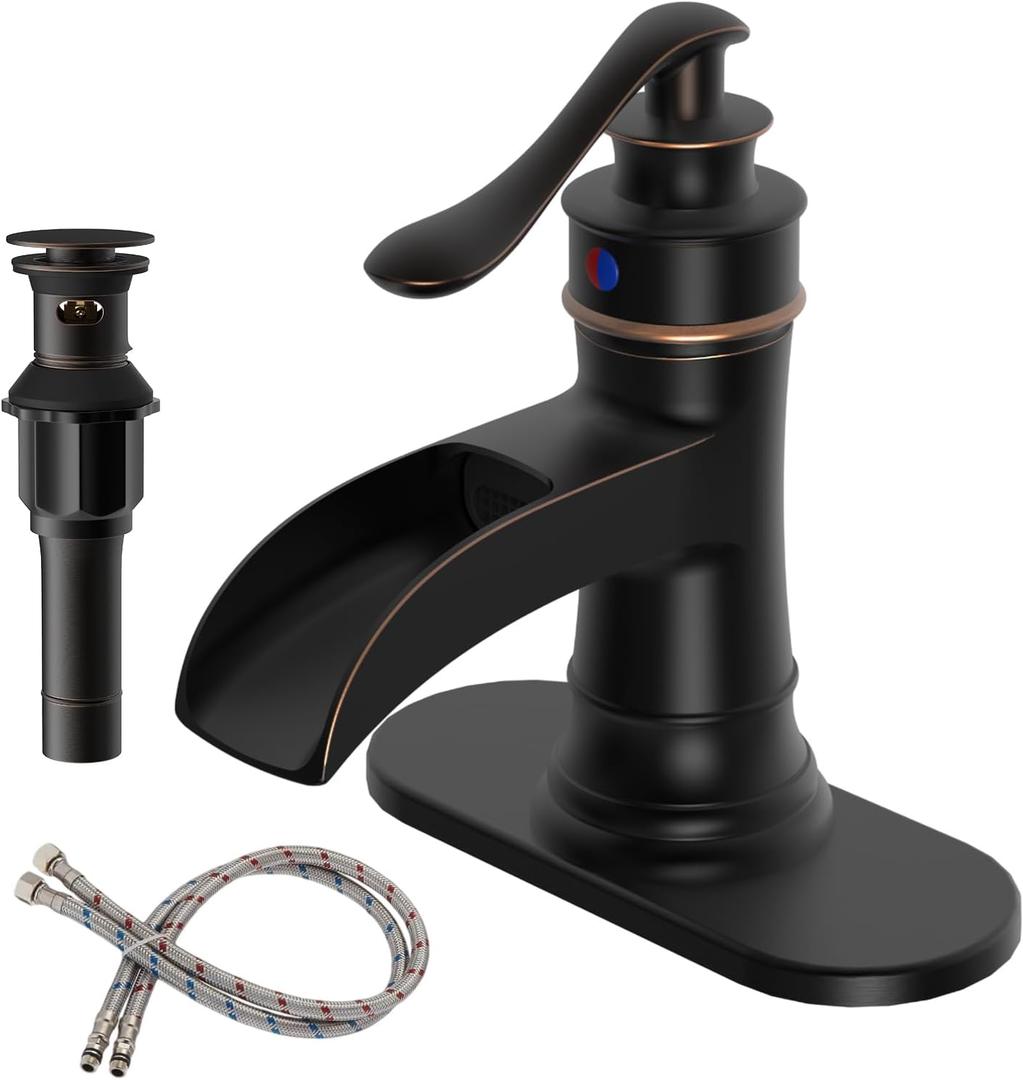 BWE Oil Rubbed Bronze Bathroom Sink Faucet 1 Hole, Single Handle Waterfall Bathroom Faucet with Pop Up Drain and Hoses, Lead-Free Vanity Faucet for Home or Commercial Use, Brass Construction