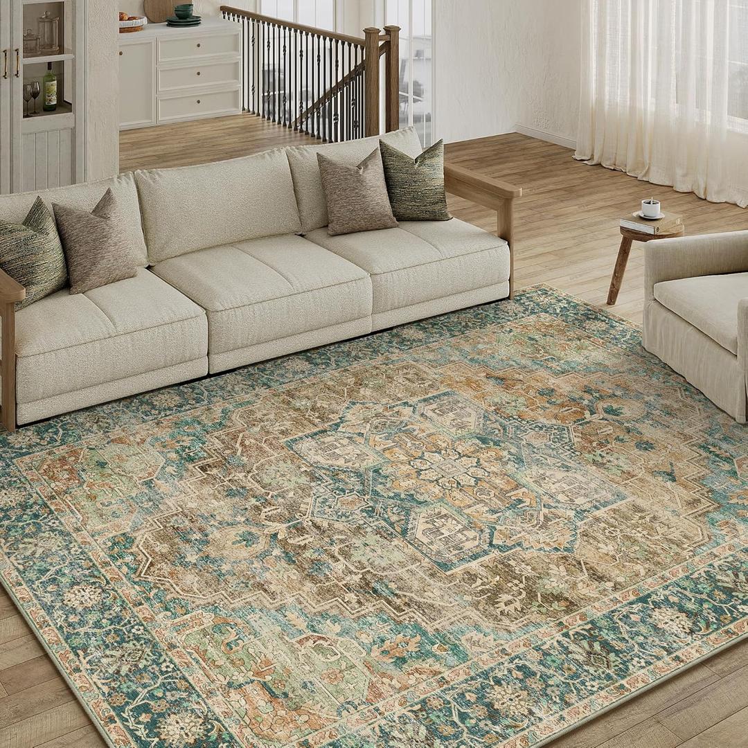 6x9 Washable Area Rug Vintage Distressed Living Room Bedroom Carpet Rust Blue Non Slip Soft Low Pile Traditional Throw Rug for Indoor Dining Room Office Dorm Decor
