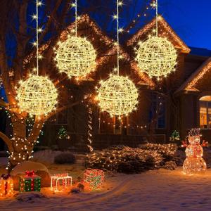Outdoor Christmas Balls Lights 4 Pack Hanging 7.9" LED Garden Sphere Tree Lights 8 Modes Waterproof Glow Globe Lights with Memory Timer Plug for Party Yard Porch Eave Patio Xmas Decorations-Warm White