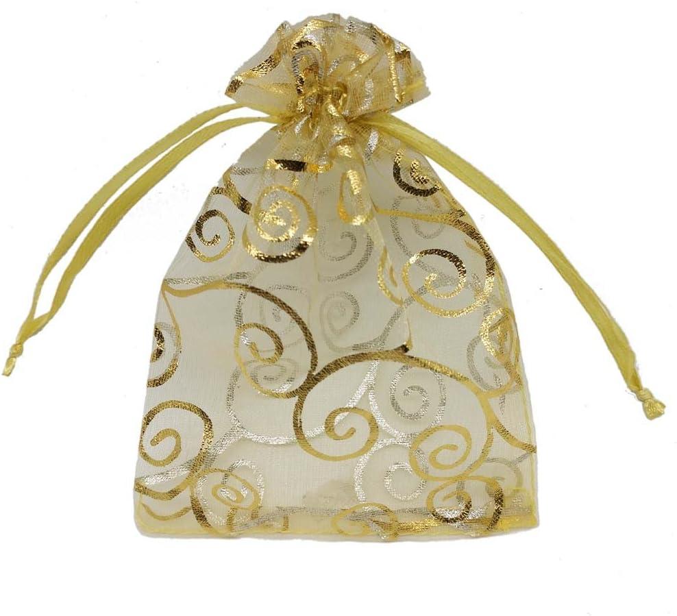 Ankirol Sheer Organza Favor Bags 6x8 inch for Wedding Baby Shower 100 pack Gift Bags Samples Display Drawstring Pouches (Gold Swirl)