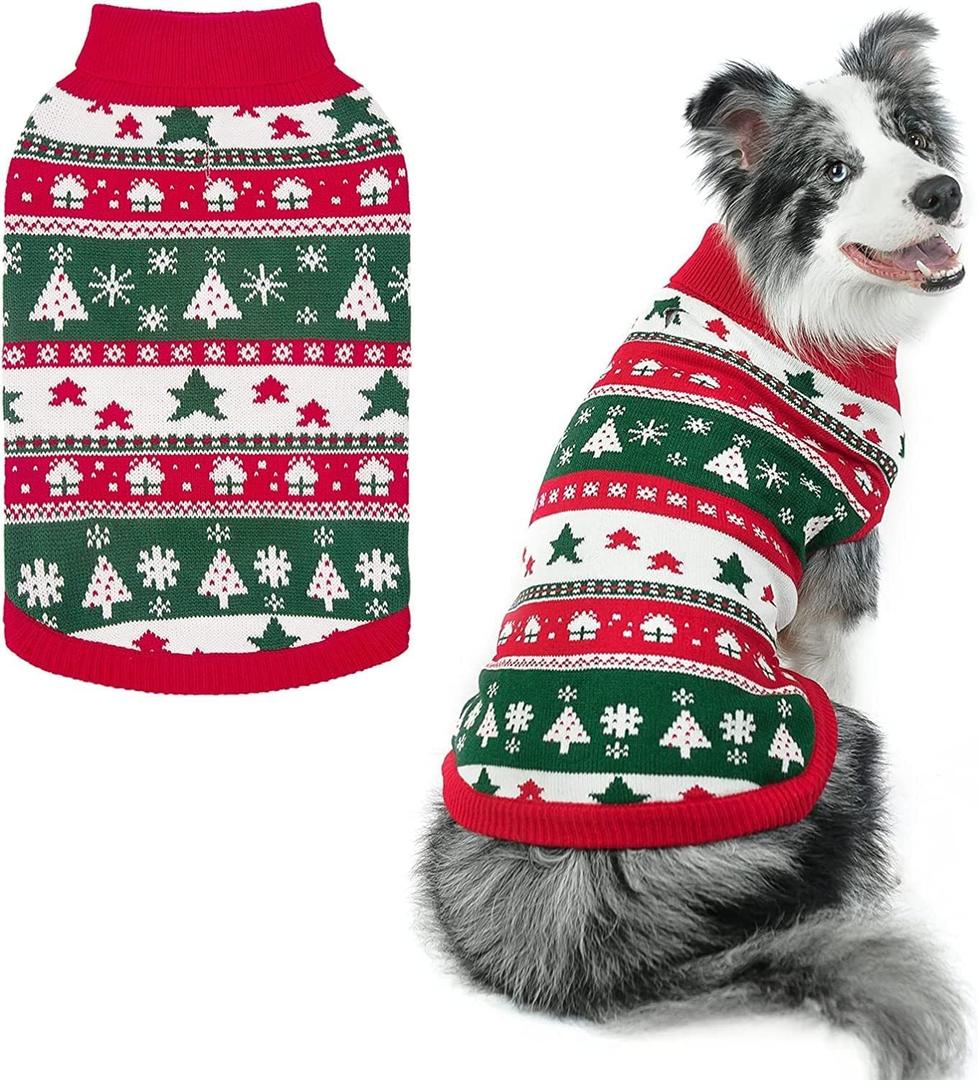 PUPTECK Christmas Dog Sweaters for Cold Weather, Soft Outfit Warm Winter Coat Knitted Dog Clothes for Small Medium Large Doggies Puppy Indoor Outdoor Walking, Colorful Design, Classic (Red&Green)