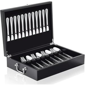 DoubleFill 1 Layer Leather Silverware Storage Box with Lid and Drawer Handle, 15.3 x 11.2 Inch, Black Flatware Organizer with Felt-lined for Utensils, Kitchen Gift