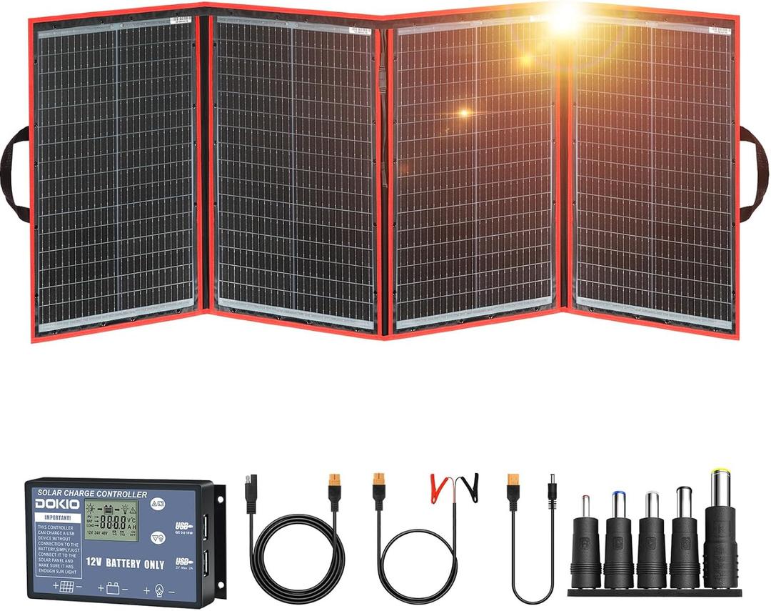 DOKIO 200W Portable Foldable Solar Panel Kit (20x27in, 9.7lb), with Separate Controller and Dual USB, Monocrystalline Charger for 12V Batteries & Power Stations, RV Camping Trailer Emergency Backup (220W)