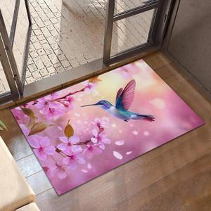 Indoor Rugs for Entryway,Hummingbird Welcome Mat for Home,Pink Spring Flowers Low Profile Entrance Rugs Non-Slip Doormats for Back Door Patio, Porch,Home Stairway,30 x 17 Inch