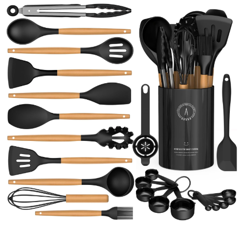 Silicone Cooking Utensils Set - AVGPD Silicone Kitchen Utensils for Cooking Wooden Handles, 446°F Heat Resistant Kitchen Utensil Spatula Sets, Gadgets for Non-Stick Cookware BPA FREE (Black)