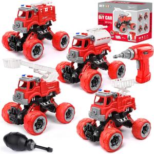 LUDILO 4PCS Fire Truck Toys for 3 4 5 Year Old Boy Birthday Gifts DIY Assembly Take Apart Firetruck with Electric Drill Stem Building Toys Xmas Bday Gifts 3 4 5 6 Year Old Boys Girls Kids Toddler Toys
