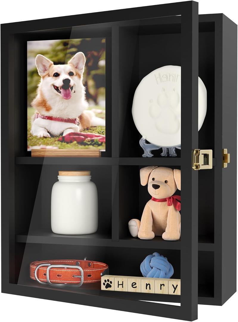 Pet Memorial Shadow Box, 14.7"x 12" Dog Memorial Shadow Box with Adjustable Shelves & Pin-Back Board, Wooden Pet Memorial Box for Ashes, Photos & Keepsakes, Loss of Pet Sympathy Gift, In Memory of Dog