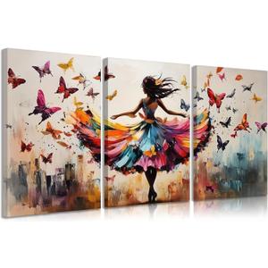 3pcs Ballet Girls Canvas Wall Art Elegant Ballet Dancer Wall Decor Pictures Abstract Butterfly Posters Prints Paintings for Girls Bedroom Dance Room Living Home Room Decoration Ready To Hang