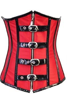 Red Buckled Steel Boned Underbust Leather Corset, Medium