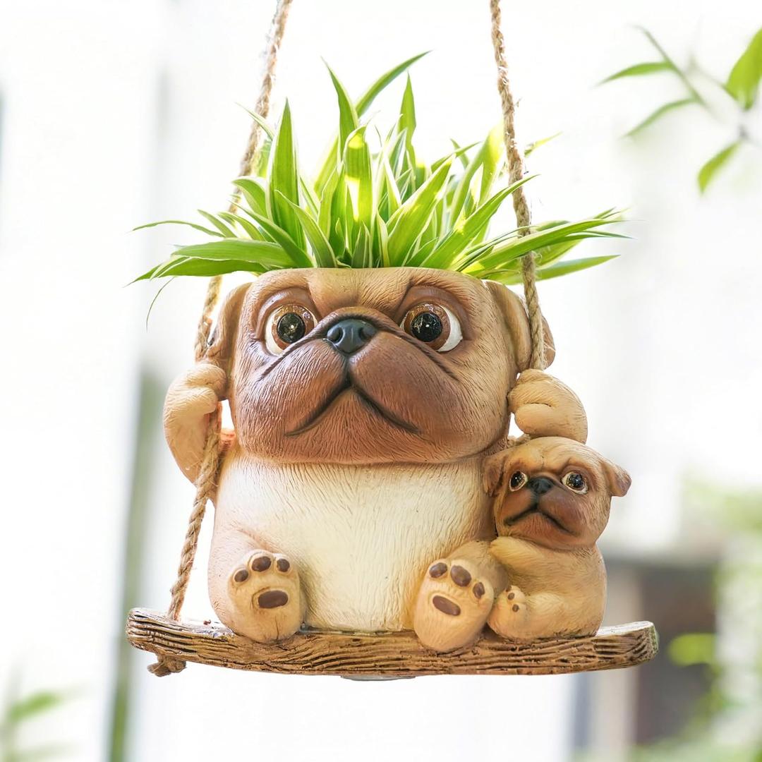 Swing Dog Hanging Planters for Indoor Plants, 6.3 Inch Hanging Baskets for Plants Outdoor, Small Succulent Pots with Drainage Hole, Resin Plant Hangers Outdoor for String Of Pearls, Gift for Mom