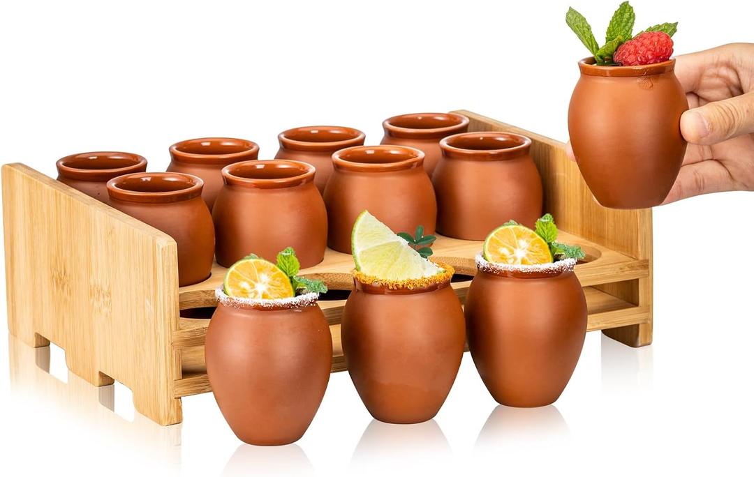 12Pcs 2oz/60ml Cantaritos De Barro Mexicanos with holder,Mini Jarritos De Barro Mexicanos Pottery Cocktail Glasses,Mexican Shot Glasses Taco Tuesday Cups For Celebration,Tequila,Margaritas
