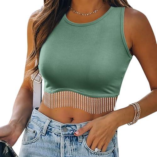 Womens Western Sparkly Fringe Sleeveless Crop Tops Cowgirl Going Out Cropped Tank Tops with Glitter Tassel, Size L