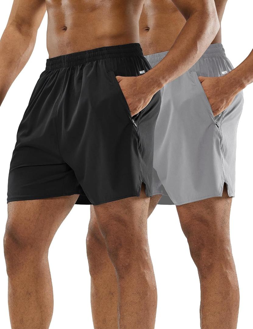 MIER 2 Pack Men's 5 Inch Inseam Running Shorts, Quick-Dry with Zip Pockets | Workout, Athletic, Lightweight Breathable Fabric, Soft Elastic Waist, Inner Drawstring, Side Split, Machine Washable
