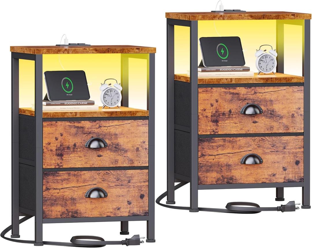 Furologee Nightstands Set of 2 Charging Station, End Tables with LED Lights, Nightstands with 2 Fabric Drawers and Shelves, Bedside Tables for Living Room/Bedroom,Rustic Brown