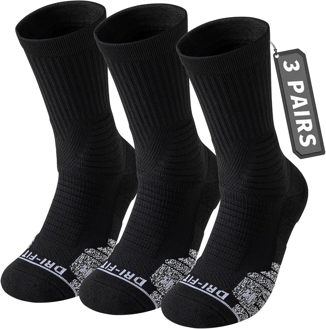 Compression Running Socks 3-Pack for Men, Cushioned Crew Anti-Blister & Moisture Wicking for Basketball Hiking socks (Black, 7-10 )