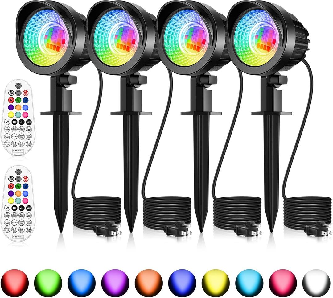 MEIKEE 15W RGB Color Changing Landscape Lighting 120V LED Landscape Lights with 4.9ft Cable IP66 Waterproof Outdoor Spot Lights for Garden Path Decoration (4 Pack)