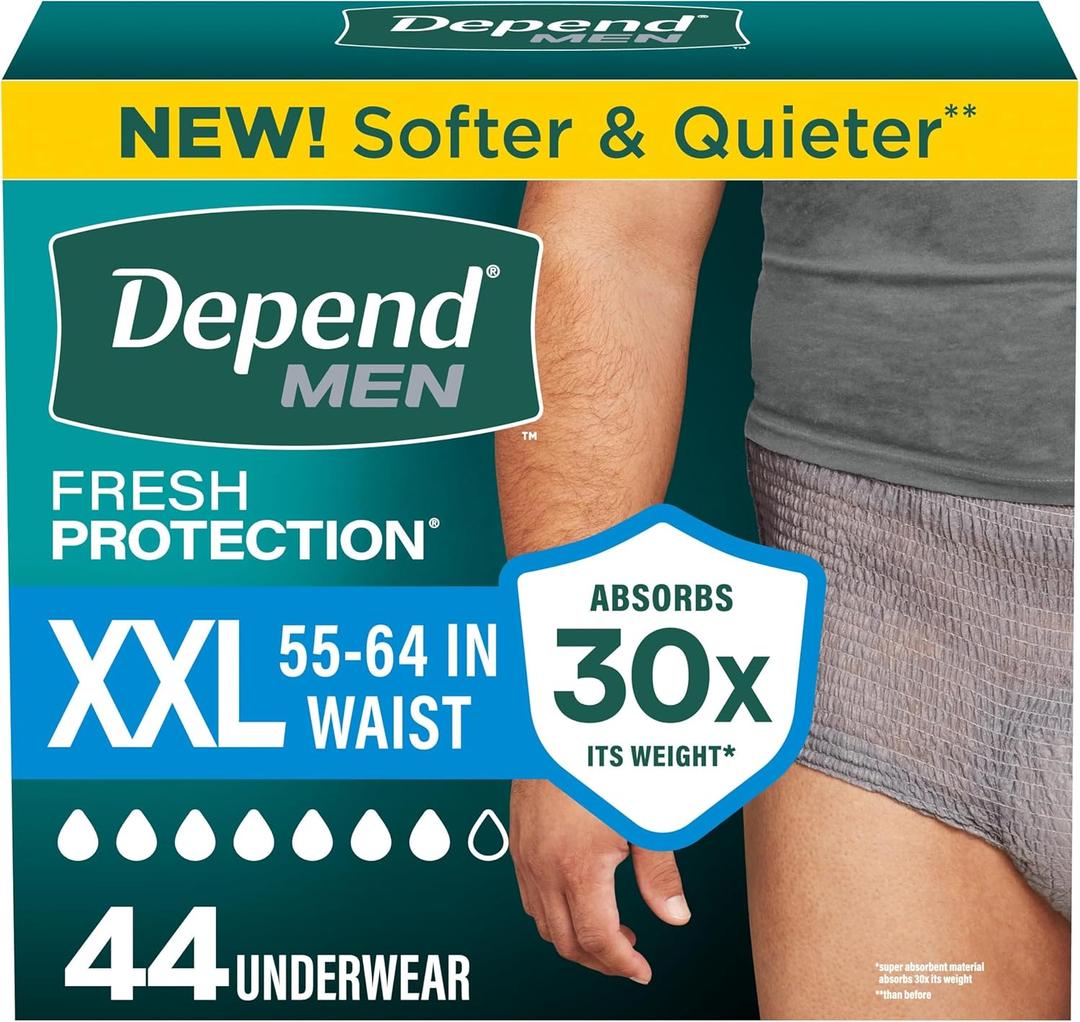 Depend Fresh Protection Adult Diapers, Incontinence Underwear for Men, Disposable, Maximum, Extra-Extra-Large, Grey, 44 Count (2 Packs of 22)