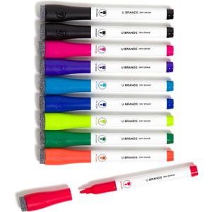 U Brands Fine Tip Dry Erase Markers with Eraser, Low Odor Whiteboard Markers Fine Tip, Assorted Bright Colors, Set of 10