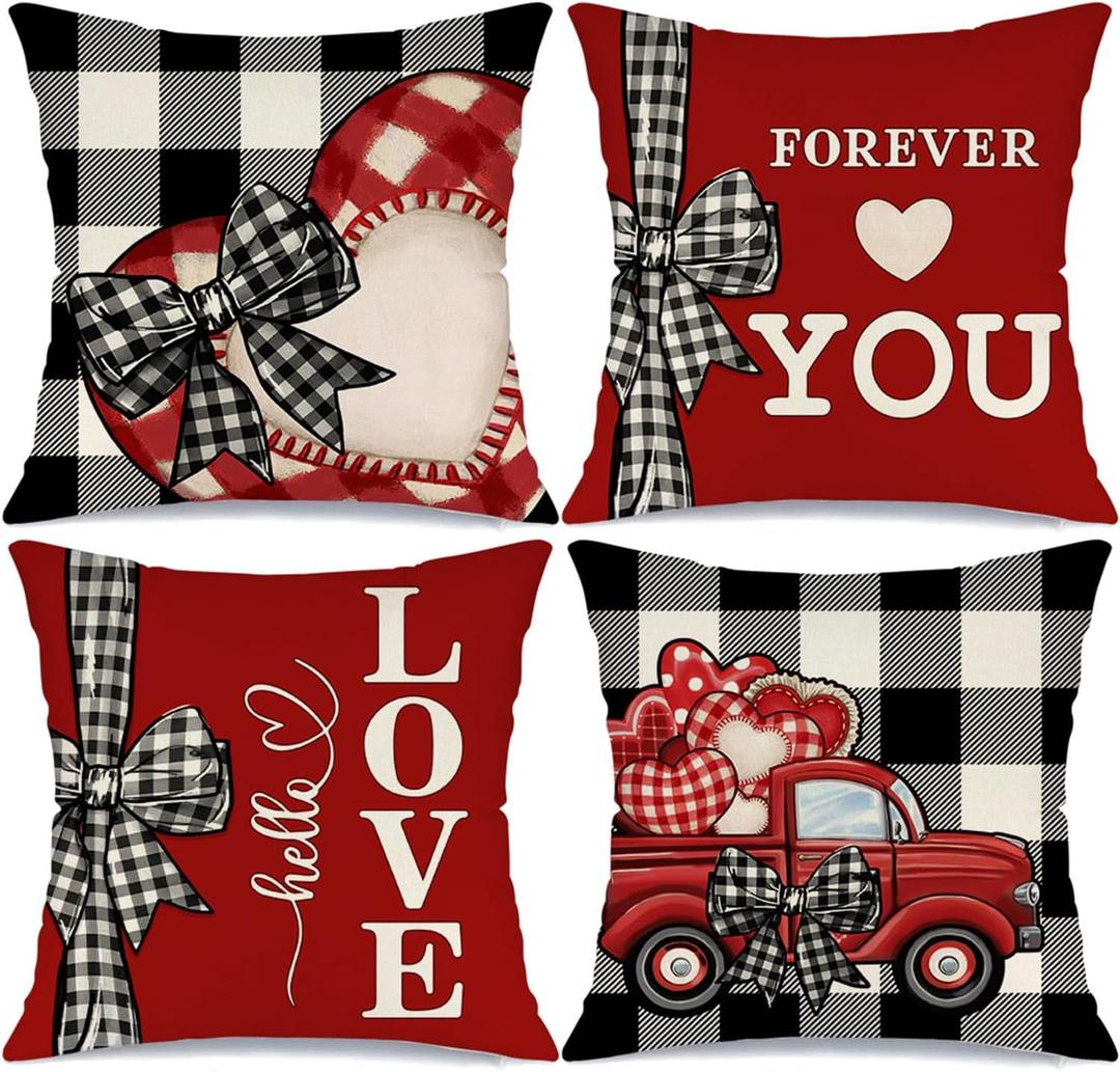 Valentine's Day Forever Love You Throw Pillow Covers 18x18 Set of 4 Buffalo Plaid Bow Truck Valentine Heart Wedding Cushion Case Decoration for Sofa Couch