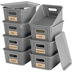 8-Pack Grey Plastic Storage Baskets with Lids, Label Organizers, Stackable Organizer Containers: For Organizing Shelves, Drawers, Desk Closets, Playrooms, Classrooms, Offices