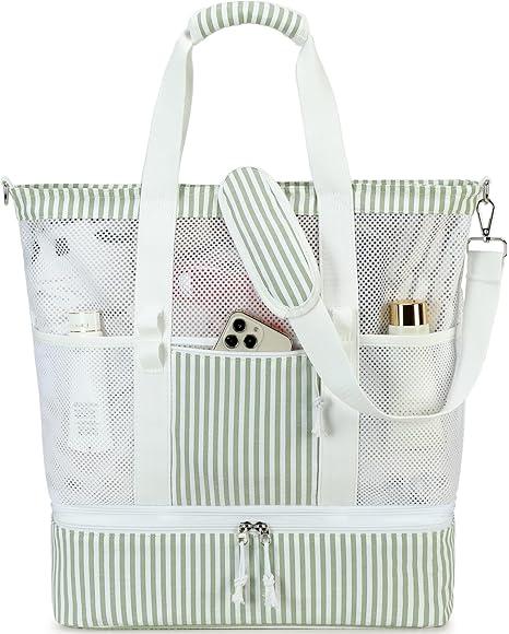 Bluboon Mesh Beach Tote Bag with Cooler Compartment Insulated Detachable Picnic Bag with Zipper and Pocket Pool Bag for Women (A-brown White Grid)