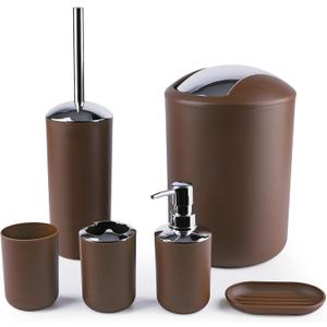 Papillon 6-Piece Bathroom Organization Set, Toothbrush Holder with Cup, Soap Dispenser & Dish, Toilet Brush, Trash Can, Tumbler Set (Coffee)