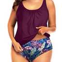Yonique Plus Size Only 1Piece Swimsuit for Women Blouson Tankini Tummy Control Bathing Suit Purple Leaf 18W