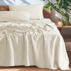 SONORO KATE 100% French Pure Linen Queen Size Sheets, Breathable and Durable, 16 Inch Deep Pocket - 4 Piece (Cream)