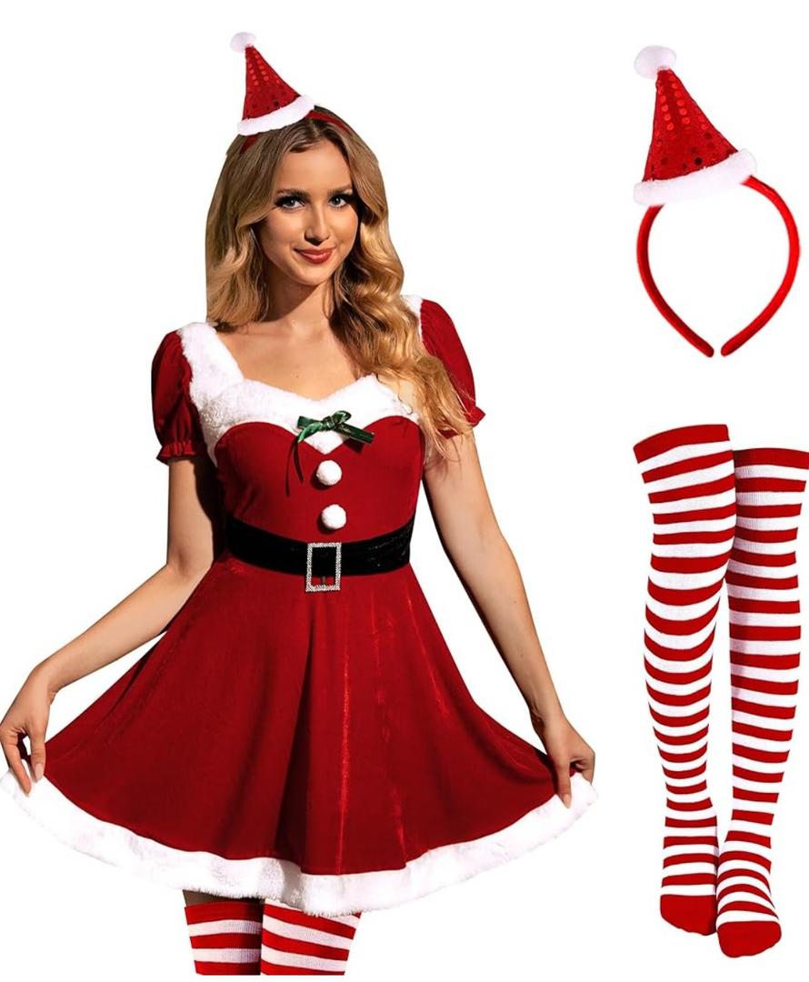 Women Christmas Sexy Santa Costume Mrs Claus Puff Sleeve 3 Pack Headband Stocking and Velvet Dress(XL)