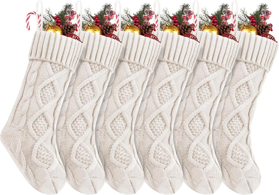 6Pack Personalized Christmas Stockings with Leather Custom Self-Adhesive Name Tags, 18 Inches Cable Knitted Stocking for Family, Xmas Holiday Party Gifts & Decoration for Fireplace(White)