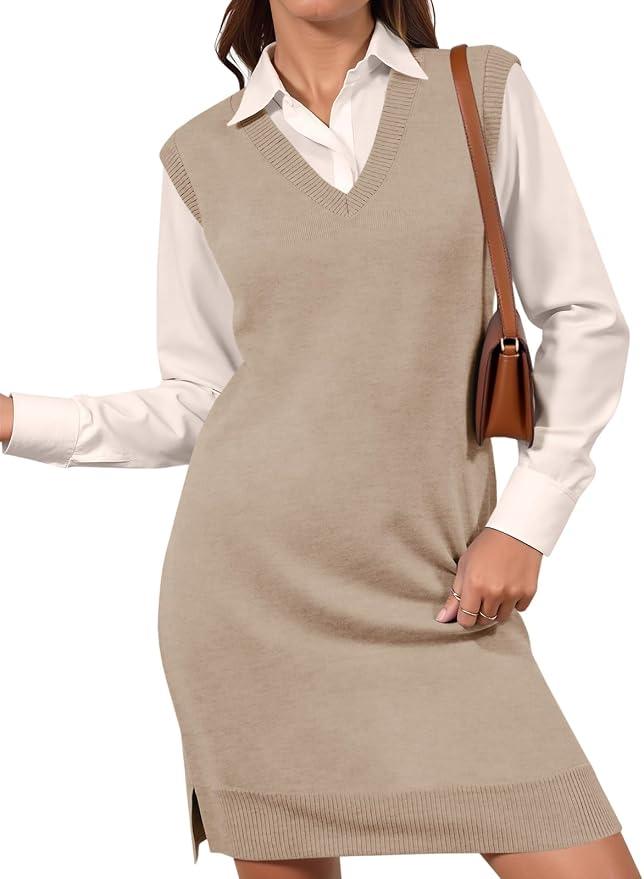 Wenrine Womens Sleeveless Sweater Vest Dress Casual Chunky Knit V Neck Loose Slit Fall Tank Midi Dresses Light Khaki, 