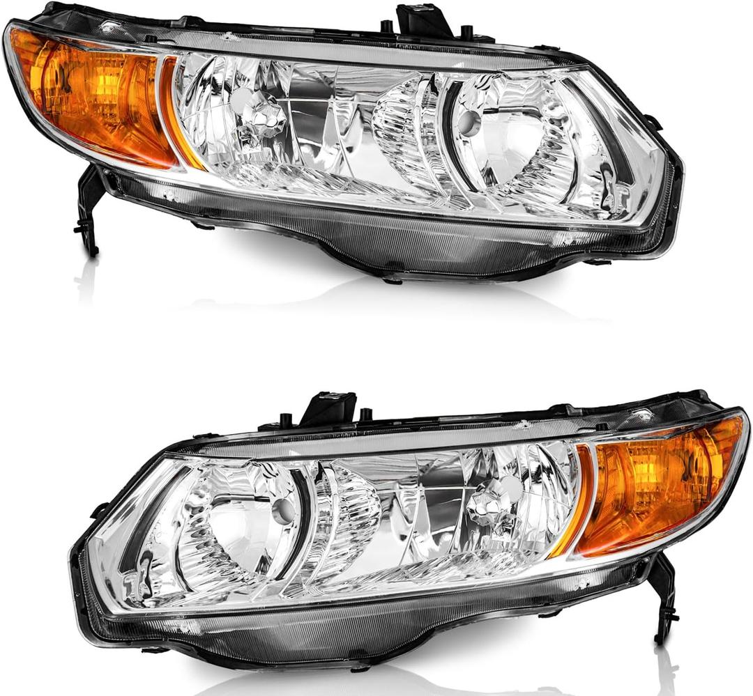 WEELMOTO for 2006-2011 Honda Civic 2-Door Coupe Headlight Assembly Pair Headlamp Chrome Housing Amber Reflector Left + Right Side