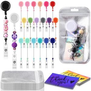 Tondiamo Beadable Badge Reel Set Retractable Clips Holder for Beads ID Name Beaded Badge Reel Resealable Pouch Bag Thank You Cards for Gift Jewelry DIY Craft Making (Multicolor)
