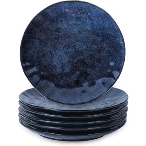 vicrays Ceramic Dinner Plates Set, 10.5 Inch, Set of 6, Round, Microwave, Oven, Dishwasher Safe, Porcelain Fluted Suitable for Steak, Pasta, Pizza, Home, Party, Restaurant (Blue)