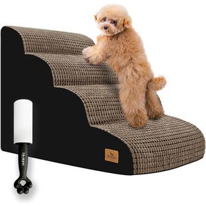 Dog Stairs for Small Pets, 20.5 in H 4 Step Curved Ramp for High Bed and Couch, Foam With Durable Non-Slip Waterproof Fabric Cover, Pet Stairs for Joints, Brown (29.1 X 16.5 X 20.5)
