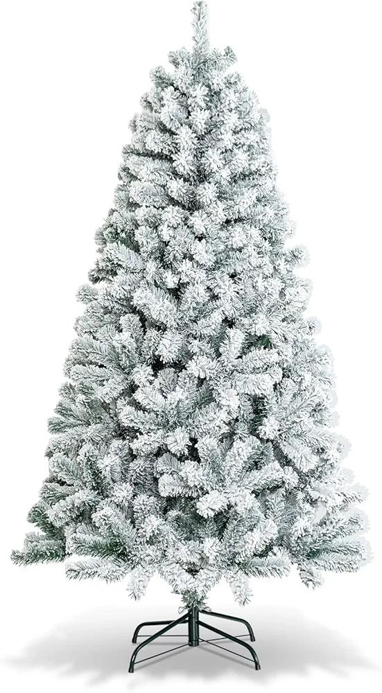 6 FT Snow Flocked Christmas Tree, Artificial Holiday Hinged Pine Tree with 600 Branch Tips, Solid Metal Stand, Premium Xmas Full Fake Tree for Home, Office, Party Decoration