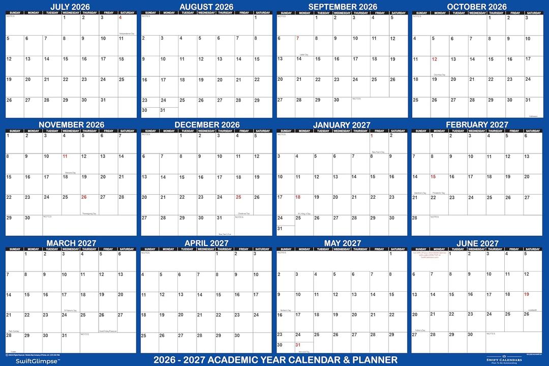 32x48 SwiftGlimpse 2026-2027 Academic Wall Calendar Erasable, XLarge, Wet & Dry Erase Laminated, July 2026 to June 2027