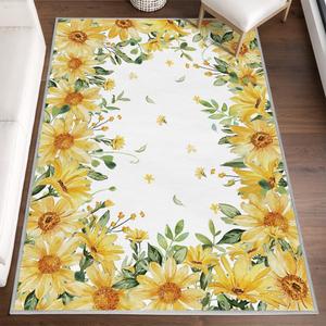 Artoid Mode Yellow Daisy Summer Floral Area Rug, Spring Home Decor Low-Profile Washable Area Rugs for Entryway Bedroom Living Room Laundry Room Indoor 4x6 Feet
